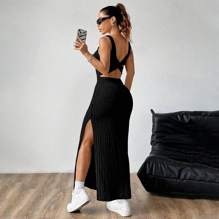 Damerne maxi kjole med elegant rib mønster og sidesk slit Stilla