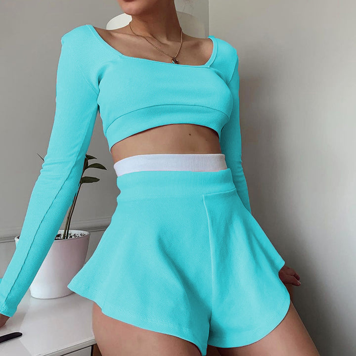 Dame sporty Crop-Top og Short-Set med bred kant Stilla