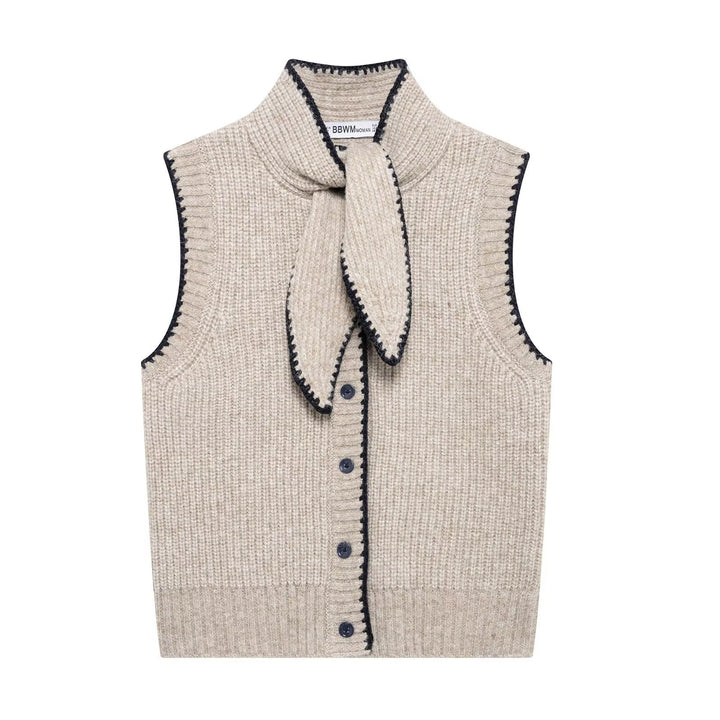 Femme Strikermeløs Cardigan med bindehalss detaljer Stilla