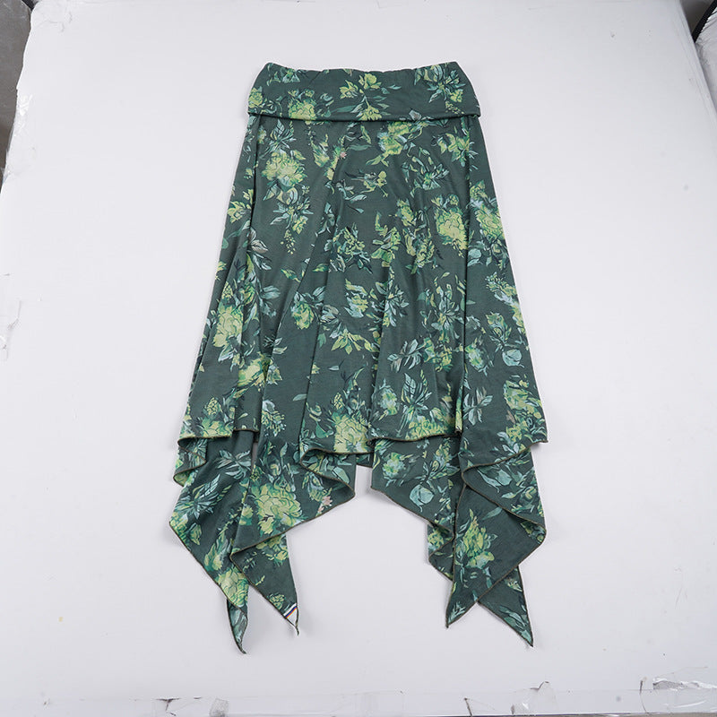 Dame asymmetrisk wrap nederdel med blomstermotiv og elastisk talje Skovae