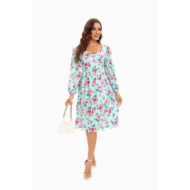 Dame Floral Midi Kjole med Puffærmer Stilla