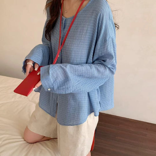 Damer Oversized Button-Up Karo-Bluse med unik kant Stilla