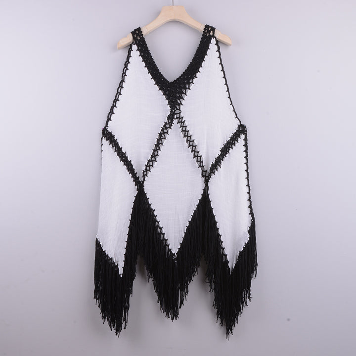 Dame Strandlinned Poncho med frynser og hækledetaljer Stilla