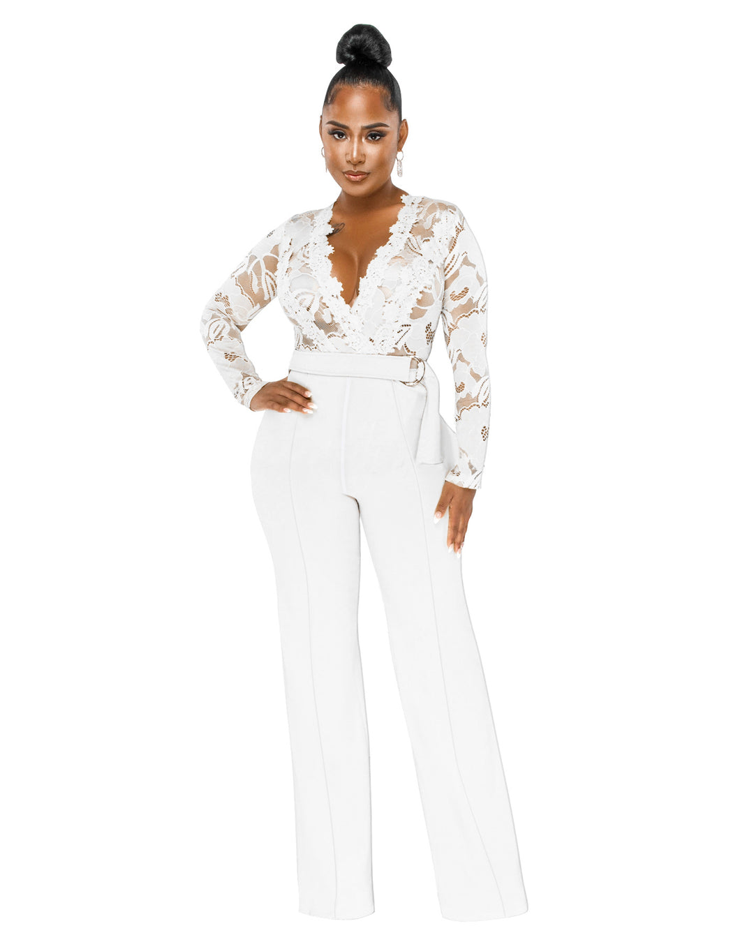 Dame Elegant Jumpsuit med dyb V-udskæring og blonde Stilla