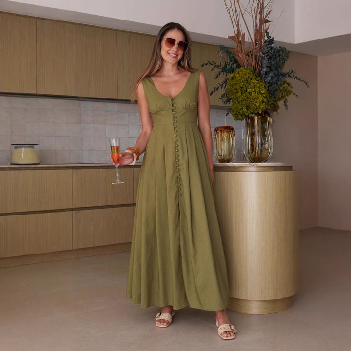 Dame maxi kjole med chik knapdesign og elegant V-hals