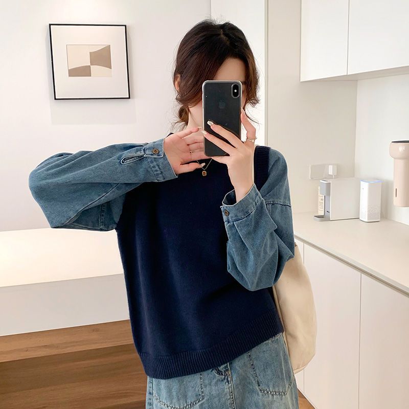 Dame Strik Sweater med Denim Ærmer Stilla