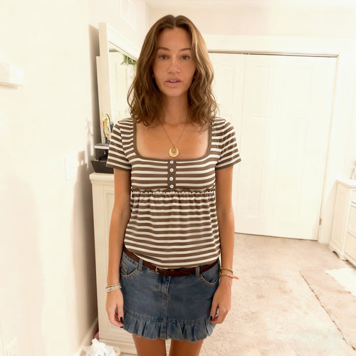 Dame Casual top med moderne stribe mønster og knapper Skovae