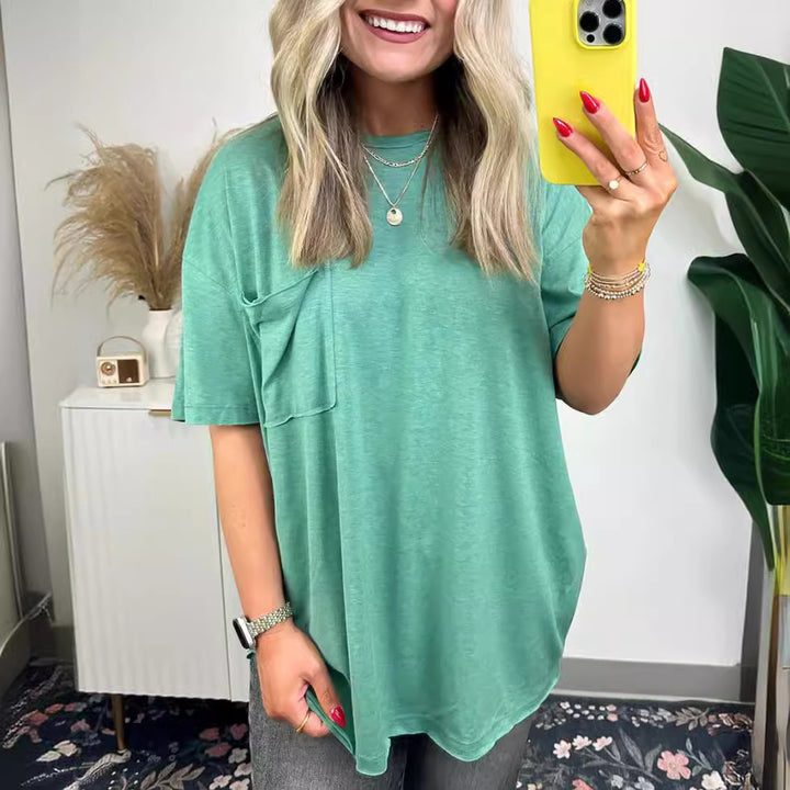 Dame behagelig oversized T-shirt med brystlomme i let stof Stilla
