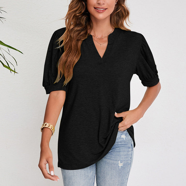 Dame Casual T-shirt med puffærmer og detaljeret designet V-hals Stilla