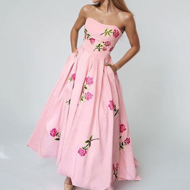 Damer Elegant Strapless Maxi Kjole med Blomsterdesign og Sidelommer Stilla