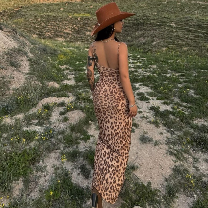 Dame Elegante Etuikjole med Leopardtryk og høj Slids Stilla