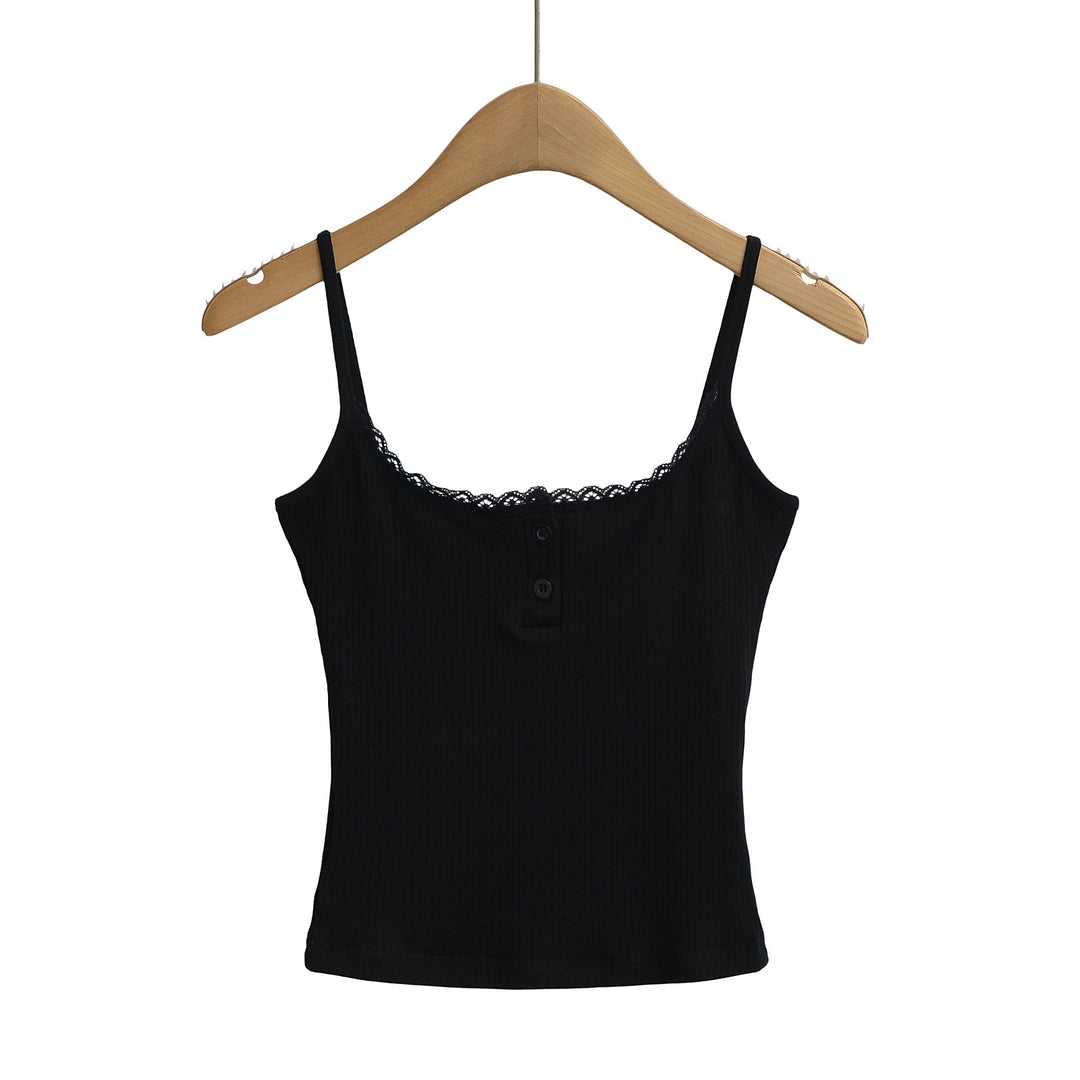 Dame spaghetti strop t-shirt med dekorativt blonder og knapdetaljer Stilla
