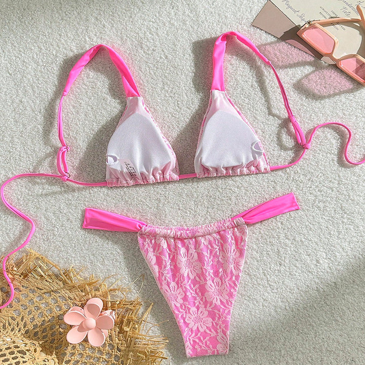 Dame triangel-bikini med blomster spandex-mønster og justerbare stropper Skovae