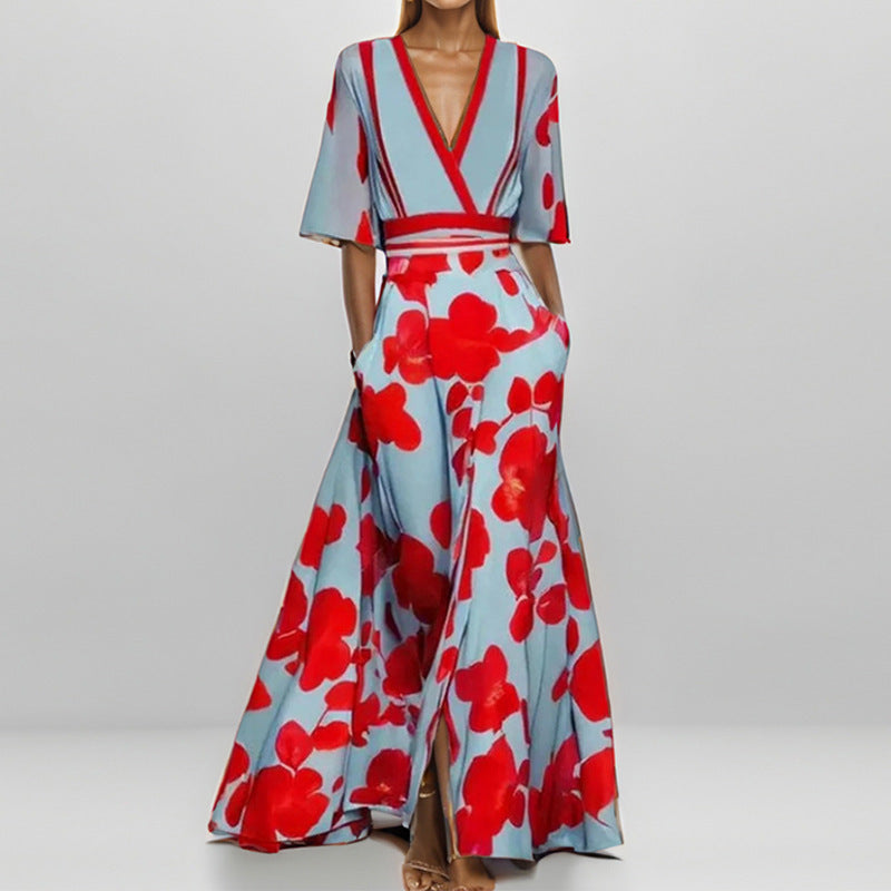 Dame Maxikjole med blomsterdesign og V-hals Stiila