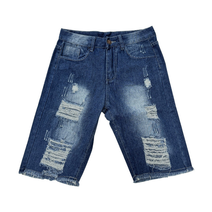 Herren ødelagte denim-shorts med uregelmæssig kant og fashionable hul-detaljer Skovae