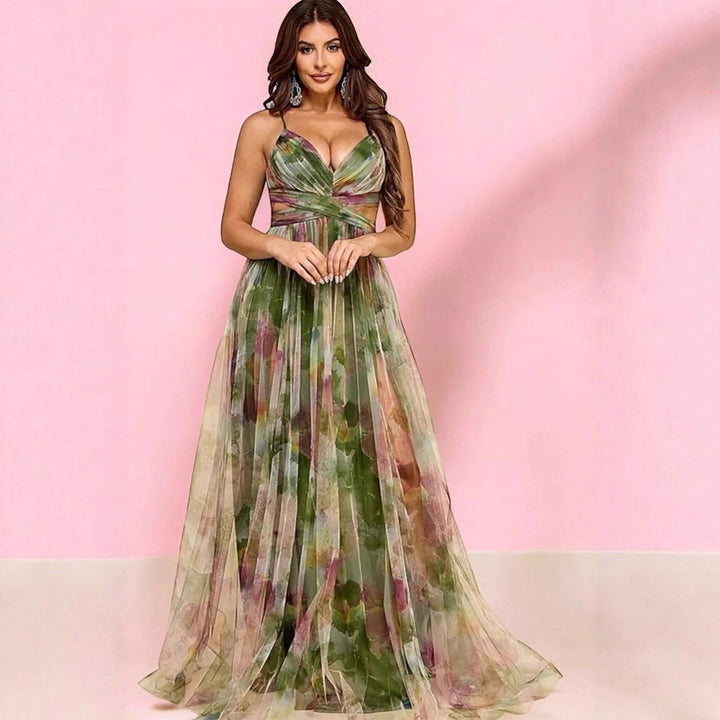 Dames maxi kjole med blomster chiffon design og elegant bælte