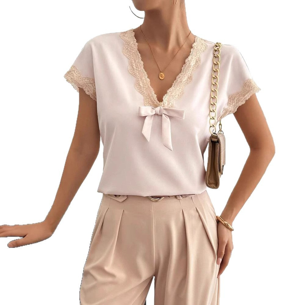 Dame bluse skjorte med floralsk spids søm og satineret finish Stilla