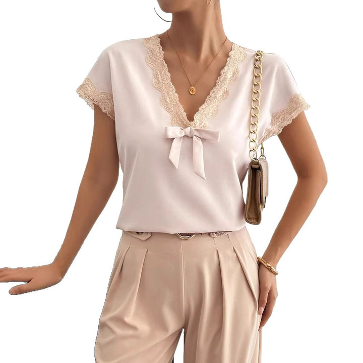 Dame bluse skjorte med floralsk spids søm og satineret finish Stilla