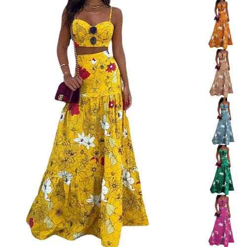 Kvinders Blomster Crop Top og Maxi Nederdel Sæt Stilla
