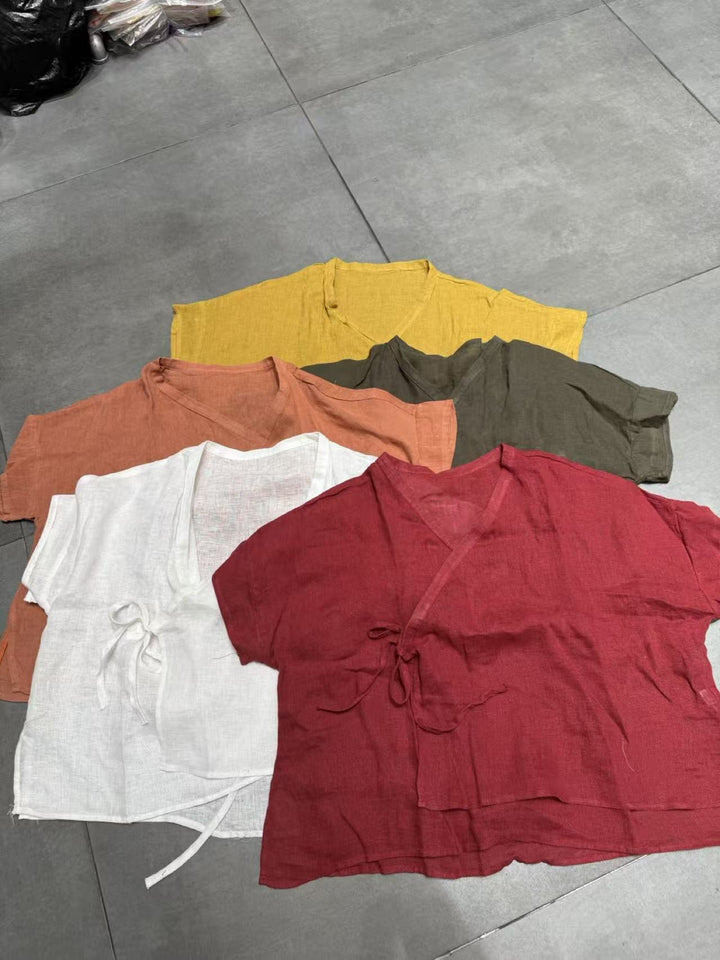 Dame Alsidig Løs Linned Slips-Front Bluse Stilla