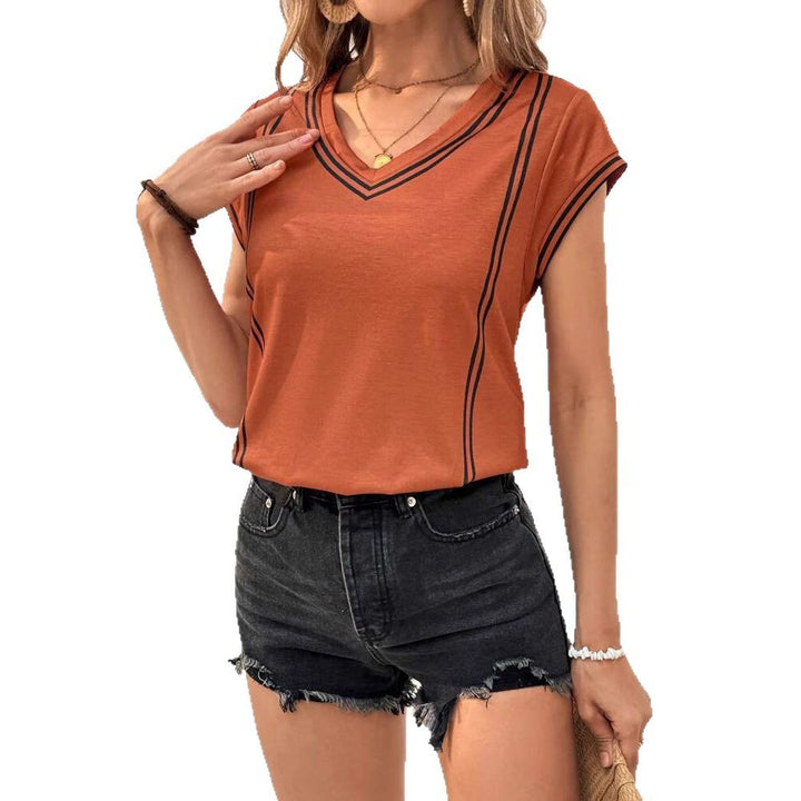 Dame moderne V-hals T-shirt med kontraststriber Stilla