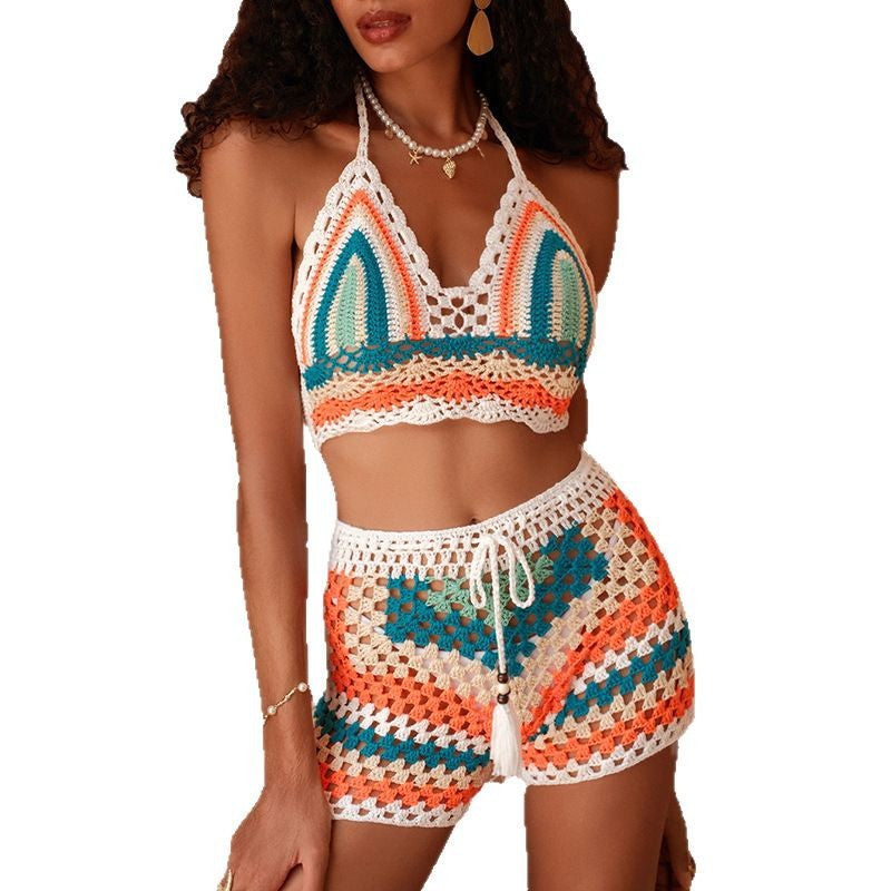 Dame hæklede bikini-sæt med trendy crop-top og afslappede shorts Skovae