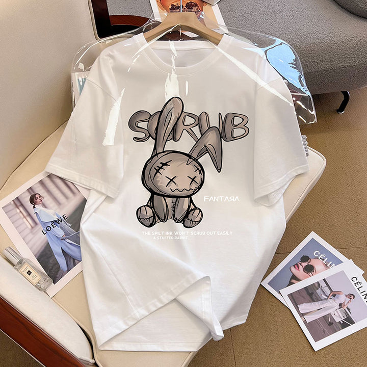 Dame T-shirt med kreativt kaninmotiv og afslappet skrift Stilla