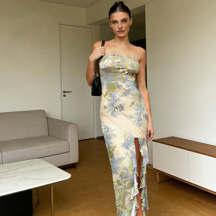 Dame Strapless Maxikjole med flæser og blomstermønster Skovae