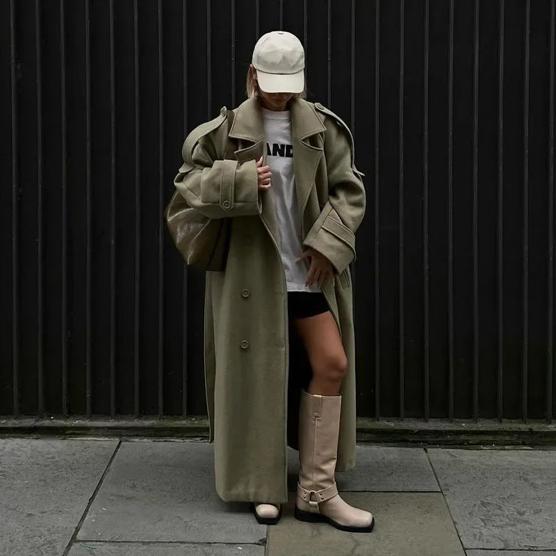 Damer Mode Oversized Frakke med Justerbart Bælte Stilla
