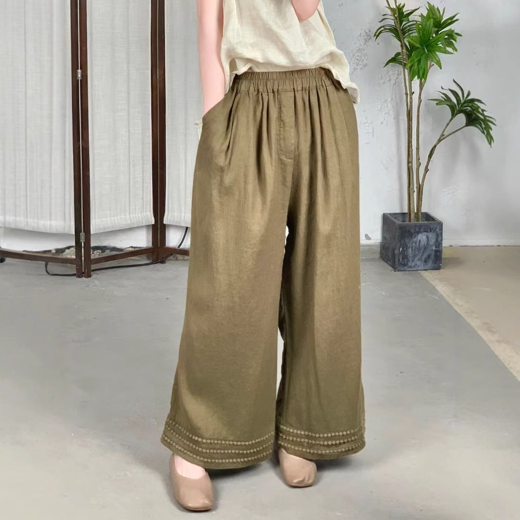 Femme Højskåret Løs Linned Culottes med Dekorativt Bånd Stilla