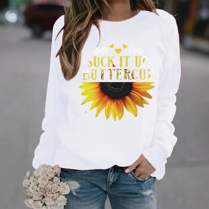 Kvinders sweatshirt med kreativ solsikkeprint og motiverende citat Stilla