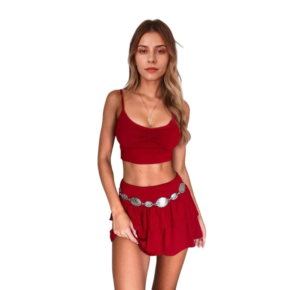 Kvinder Crop Top og Mini Nederdel Sæt med Rynkning og Elastisk Talje Stilla