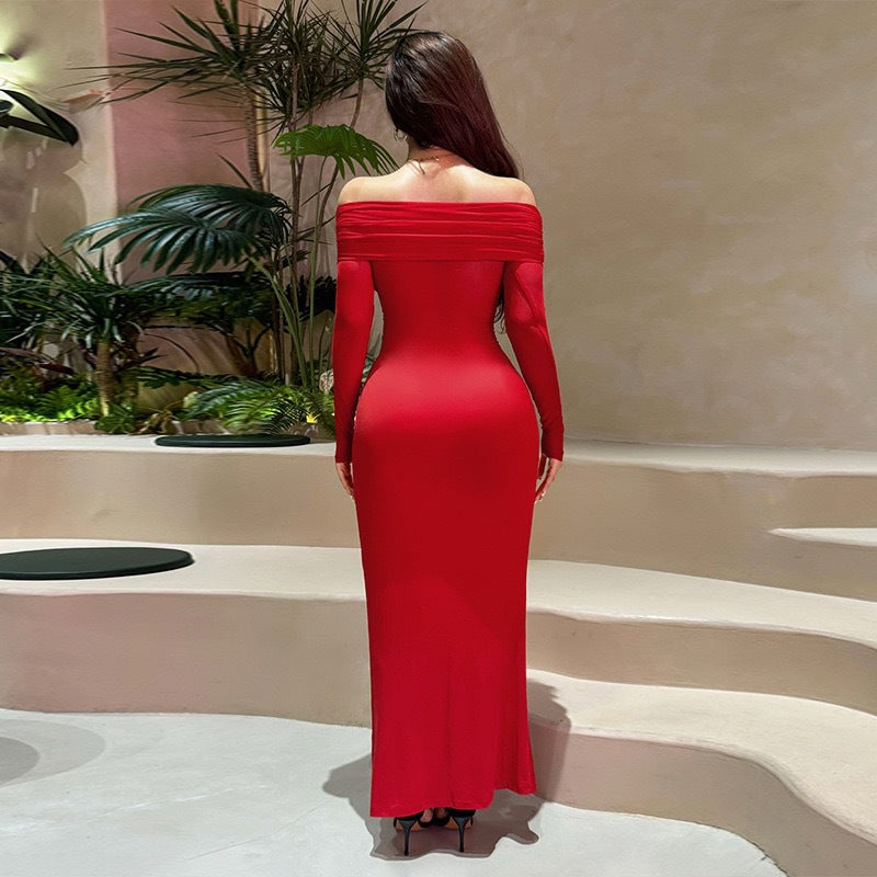 Dame Off-Shoulder Aftenkjole med draperet stof og gennemsigtige ærmer Skovae