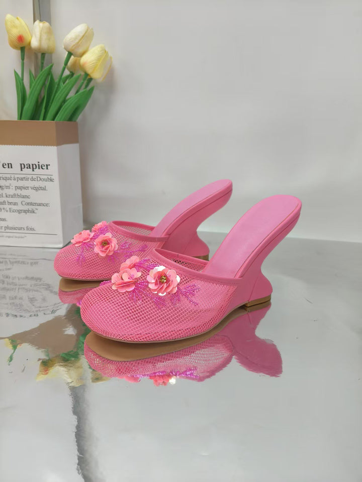 Femme Dekorative Netz-Mules med blomstermotiver Stilla