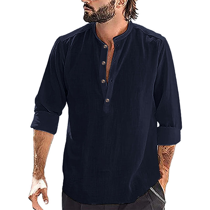 Herre afslappet langærmet skjorte med moderne Henley-udskæring og høj kvalitets bomuldsstruktur Stilla
