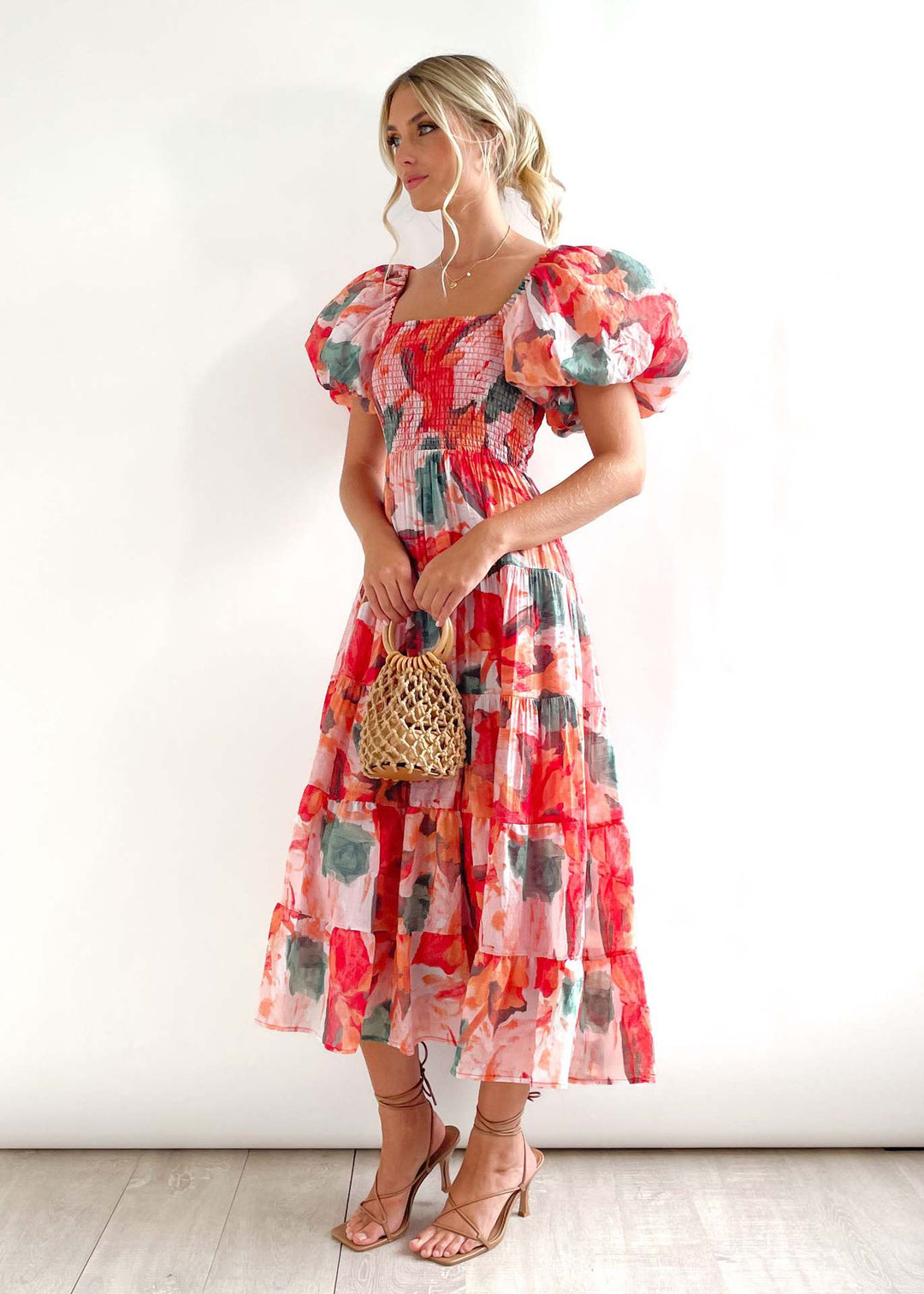 Dame Floral Puff Ærme Midi Kjole Stilla