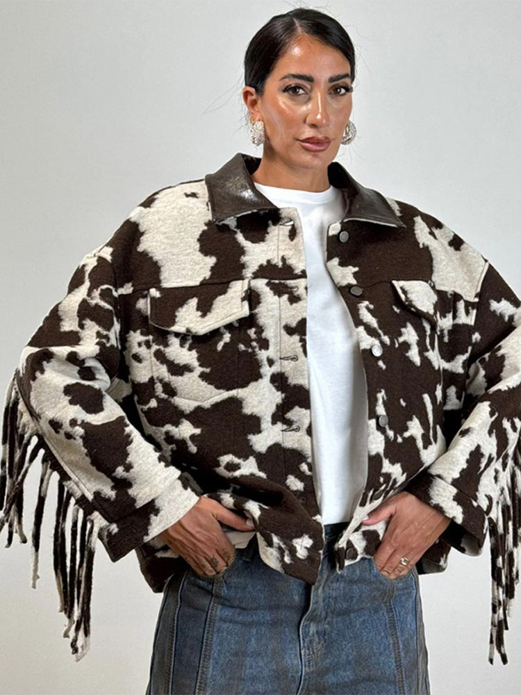 Dame Oversized Frynsejakke med Kødmønster Stilla
