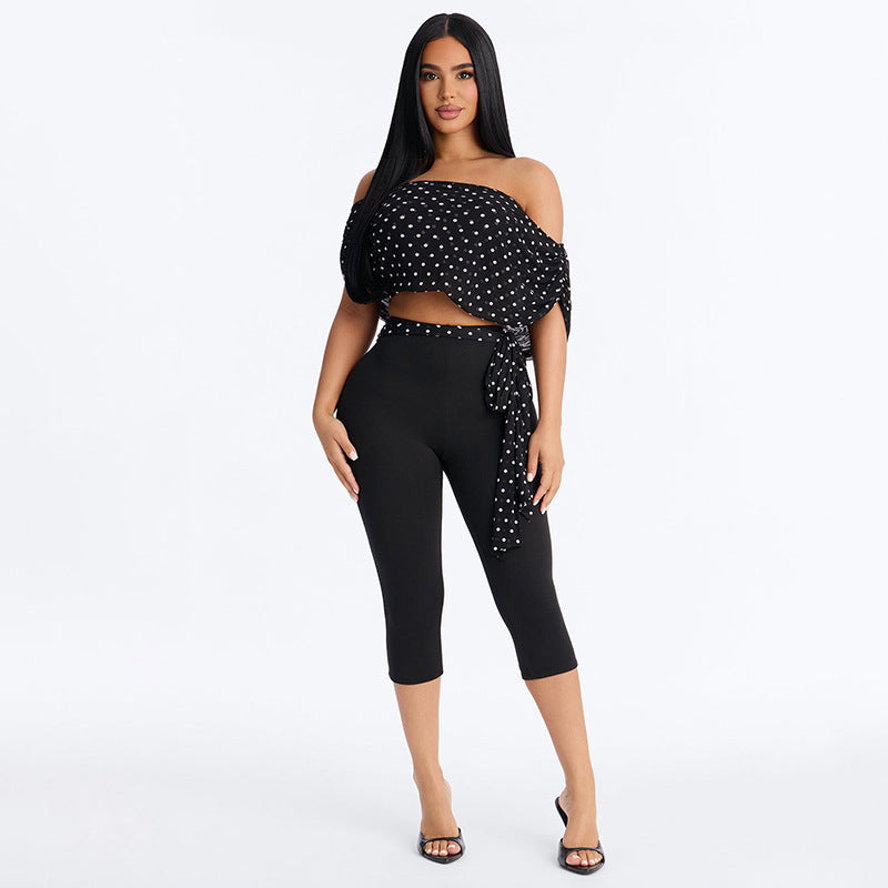 Dame Crop-top og leggings sæt med polka-prikker og rynker Skovae