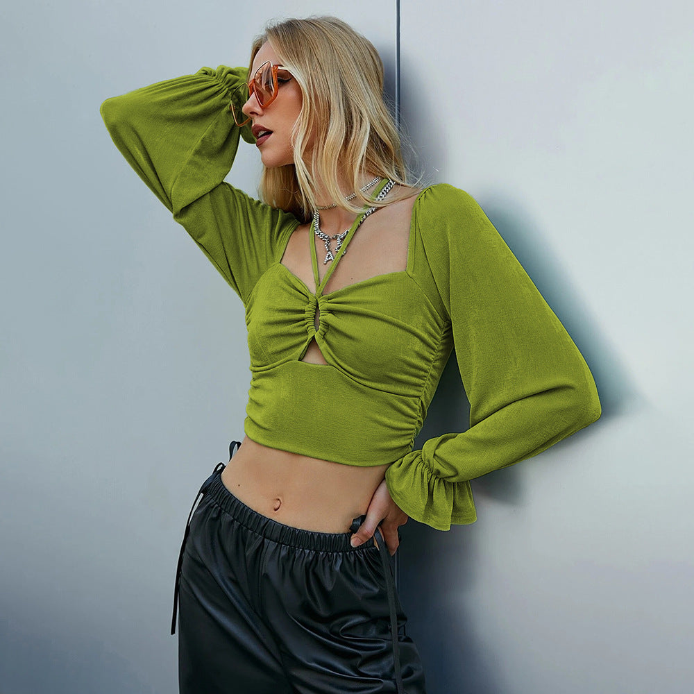 Kvinder cropped langærmet skjorte med intrikate flæse designs og knytbart detalje Stilla
