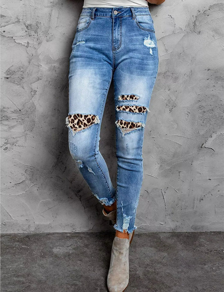 Dame Udvaskede Højtaljede Skinny Jeans med Dyreprint Accenter Stilla