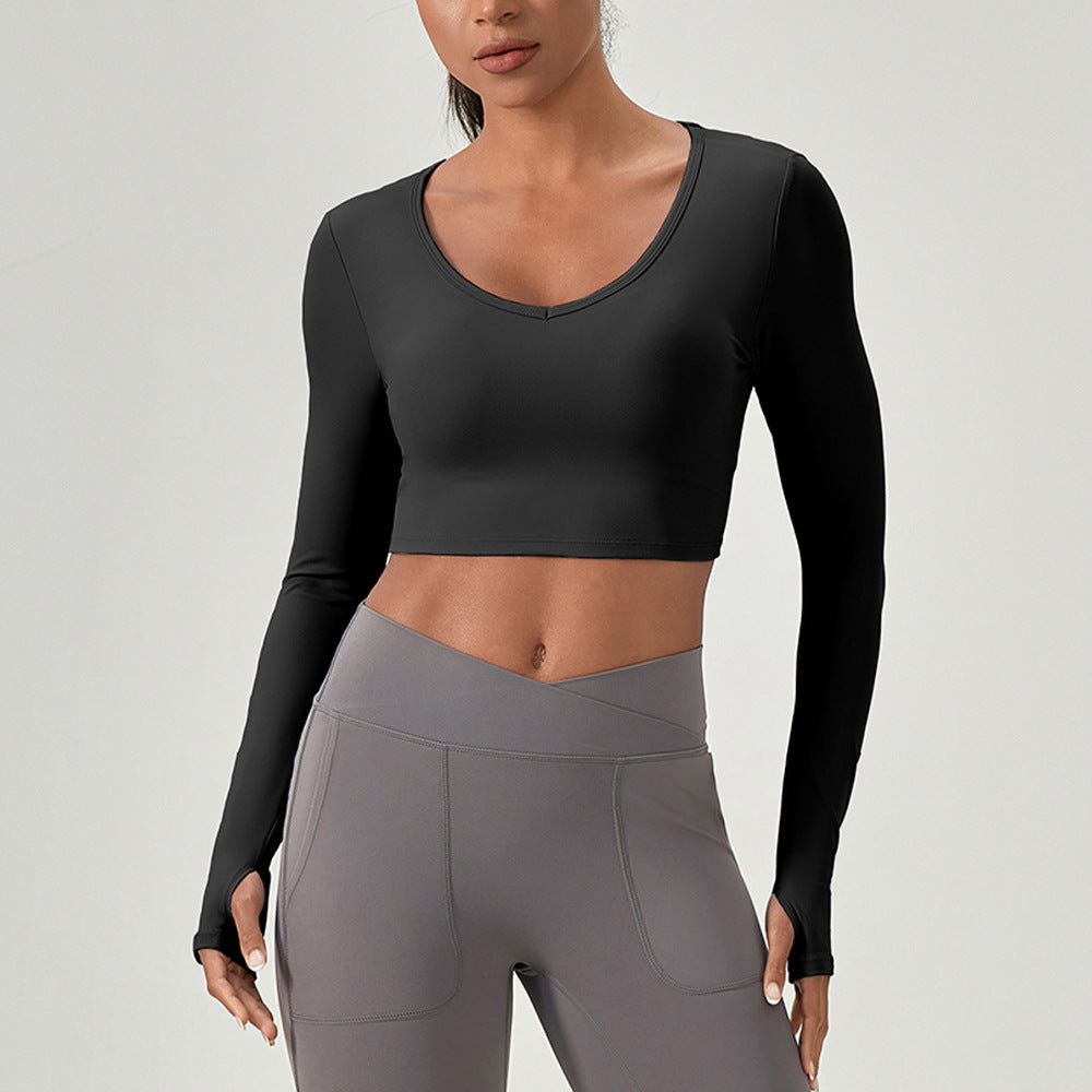 Dame Sporty Langærmet Crop Top med dyb udskæring og innovativ kropstilpasning Stilla