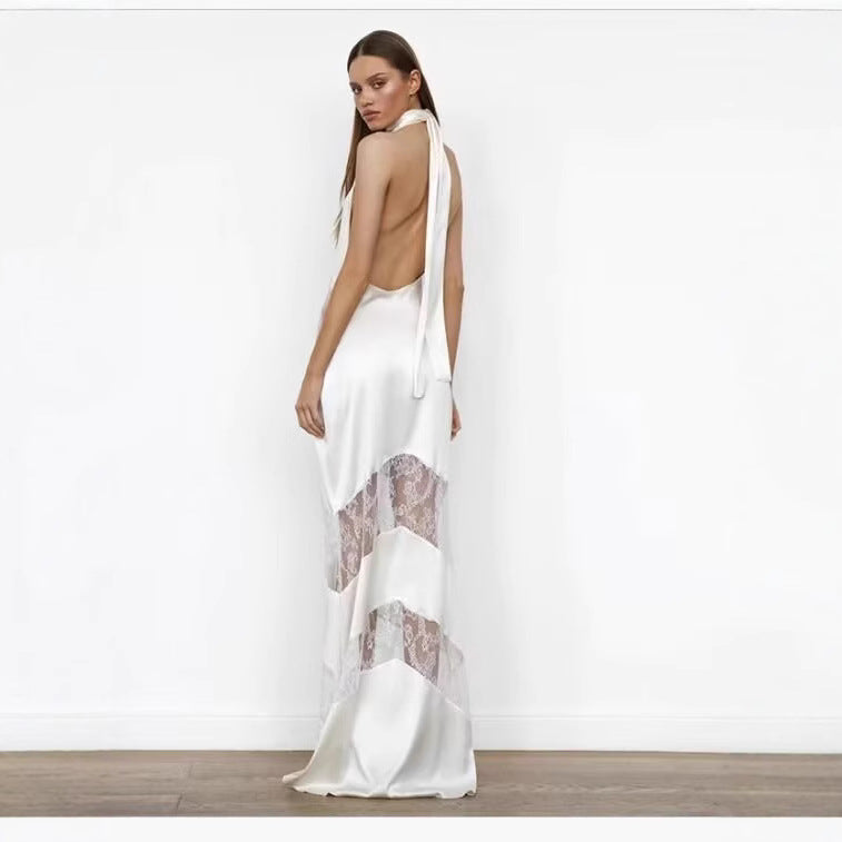 Dame Halterneck Satin Aftenkjole med Spidsudsmykninger Stilla