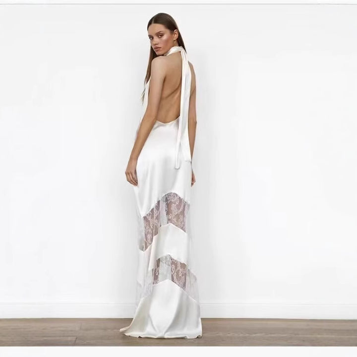 Dame Halterneck Satin Aftenkjole med Spidsudsmykninger Stilla