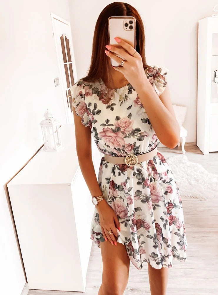 Dame Floral Cap Ærme Midi Kjole Stilla