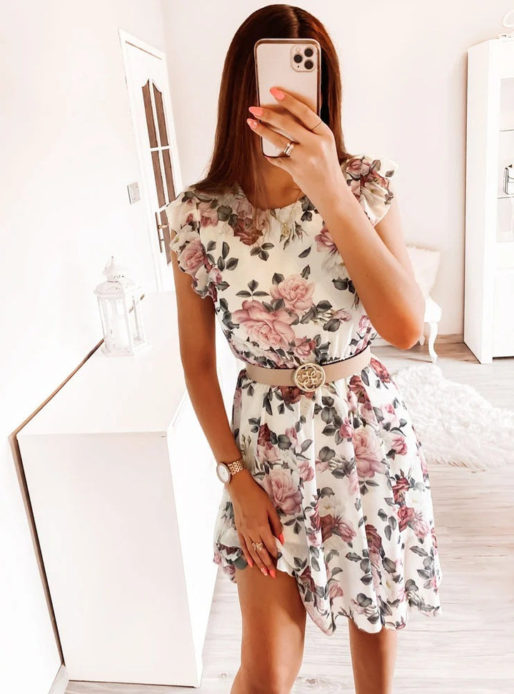 Dame Floral Cap Ærme Midi Kjole Stilla