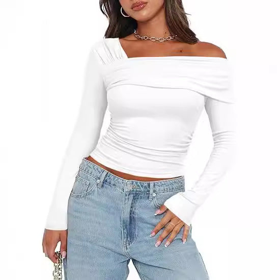 Dame asymmetrisk langærmet skjorte med drapering og off-shoulder design Stilla
