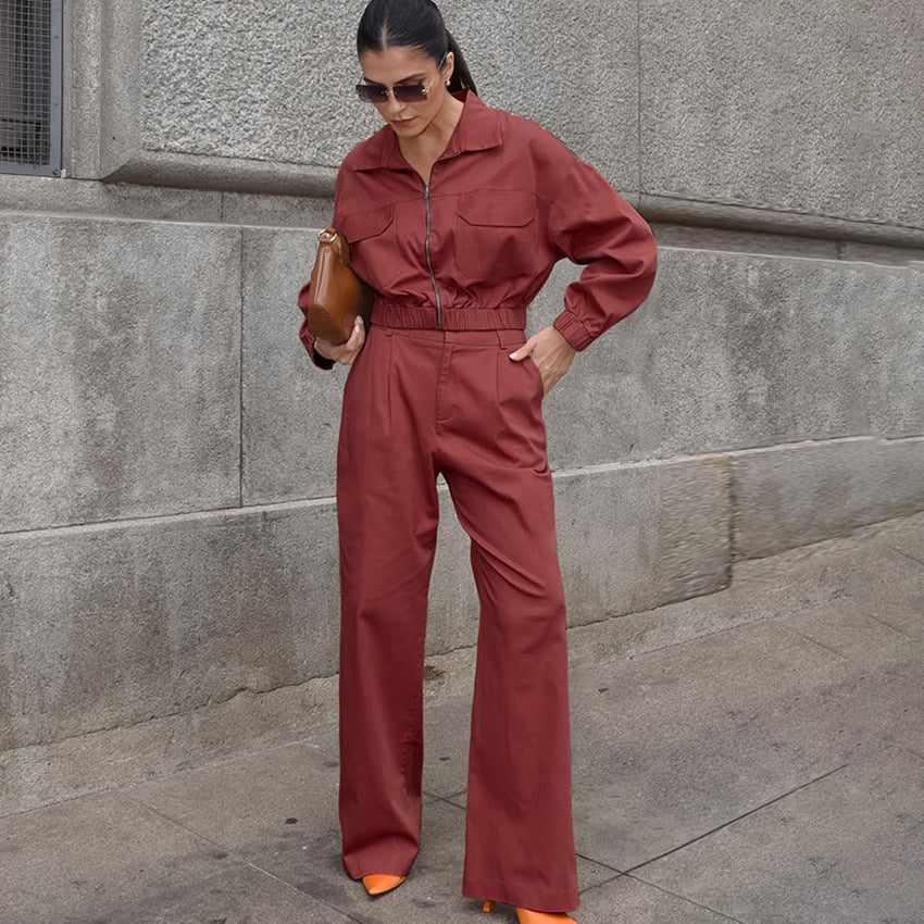 Dame Casual To-delt Sæt med cropped Jakke og bred Bukser Stilla