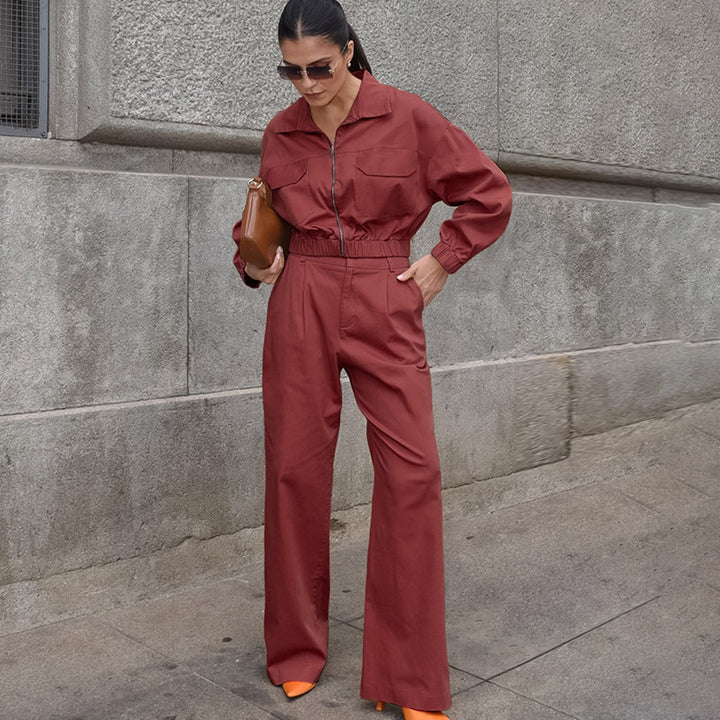 Dame Casual To-delt Sæt med cropped Jakke og bred Bukser Stilla
