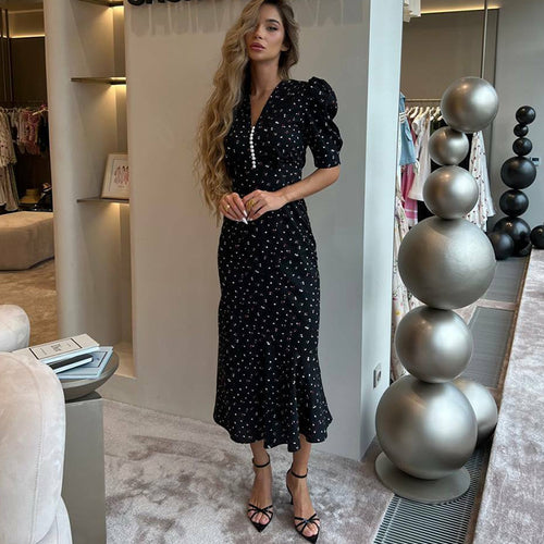 Dame elegant maxikjole med puffærmer og knapliste Stilla