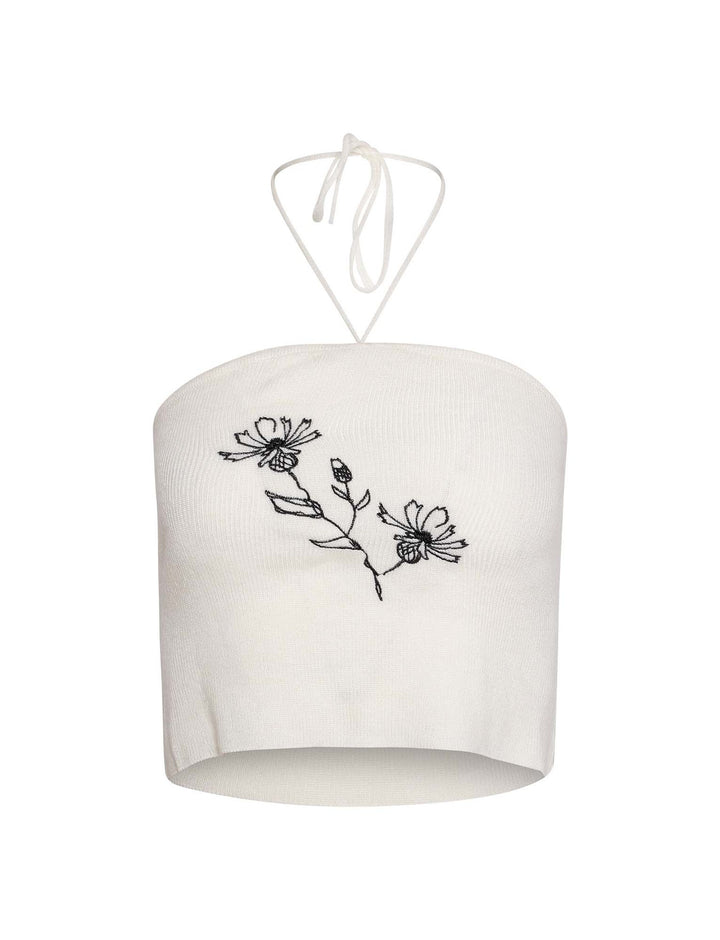 Dame hæklede crop-top med blomsterbroderi Skovae